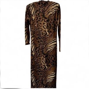 Y2K Animal Print Bodycon Mock Neck Longsleeve Maxi Dress